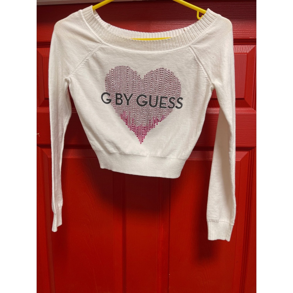 G By Guess White Rhinestone Heart Crop Sweater Long Sleeve Y2K Pink Logo Medium